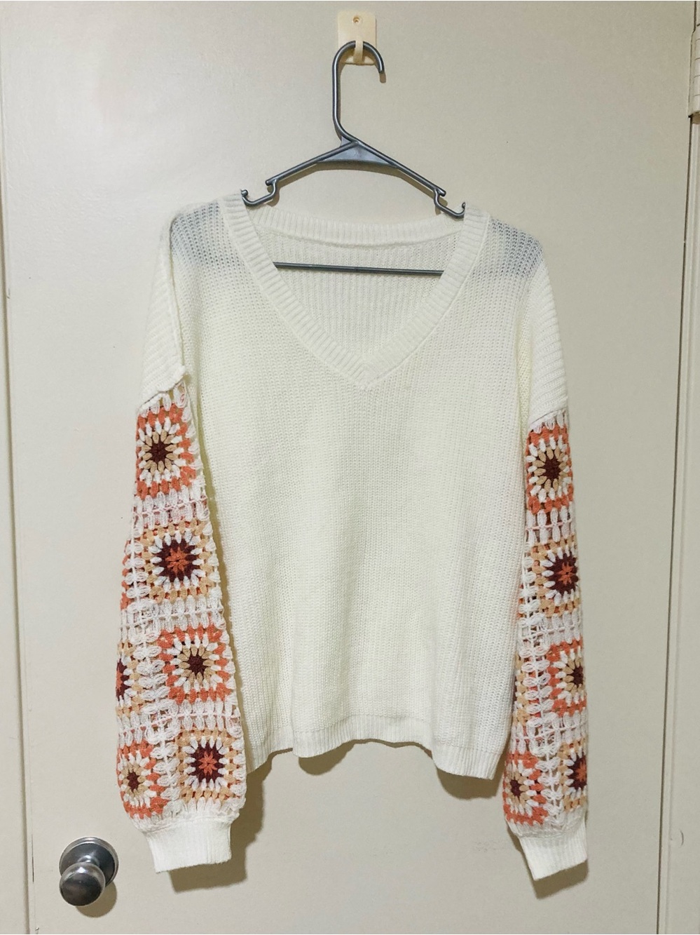 Crochet Patchwork Granny Square Sleeves‎ White Sweater size L SHEIN